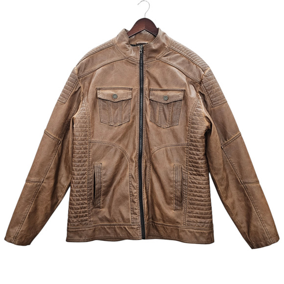 Buckle Black Jacket Mens XL Brown Faux Leather Moto Style Full Zip Distressed